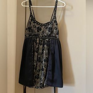 Black Silky Long Tank Top with Lace and Studs - M